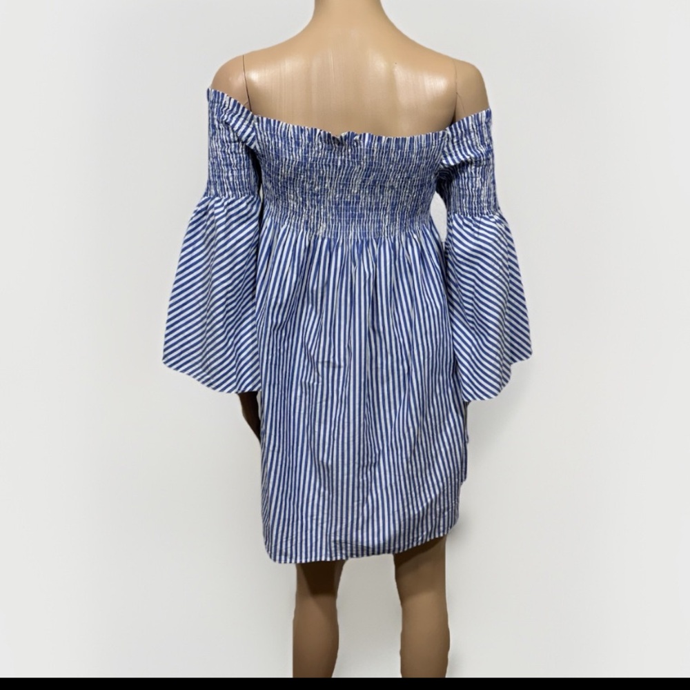 Zara Off Shoulder Bell Sleeve Striped Smocked Mini Dress Womens M Preppy - Picture 6 of 8